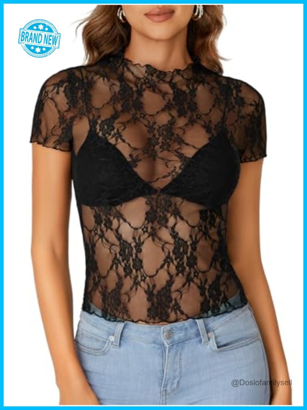 Sheer Lace Mesh See Through Mock Neck Short Sleeve Top